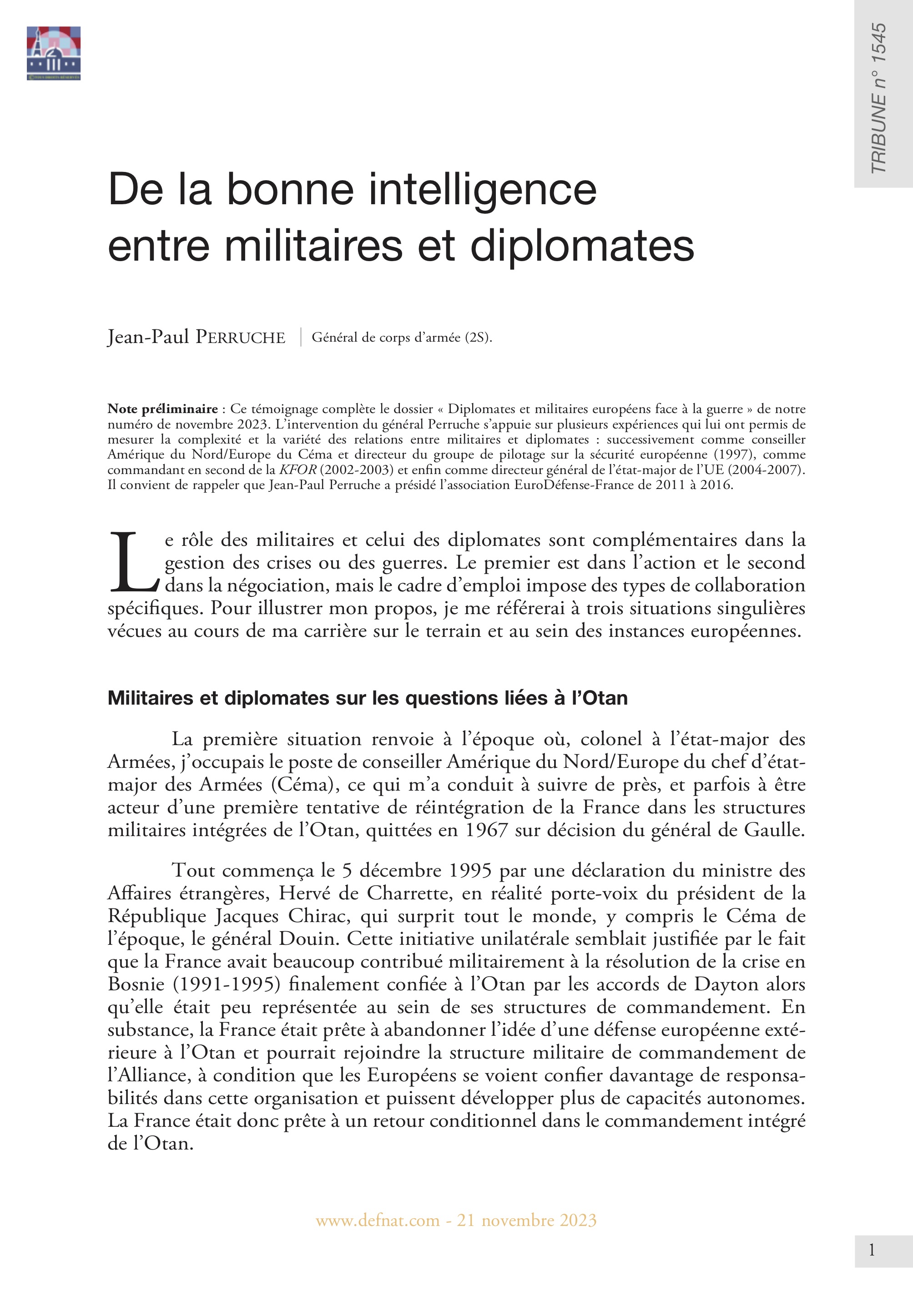 De la bonne intelligence entre militaires et diplomates (T 1545)
